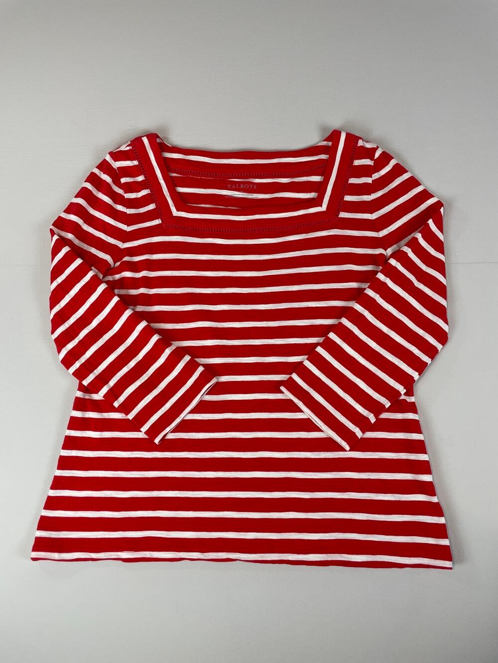Talbots Stripe Square Neck Top Size M Red White Cotton